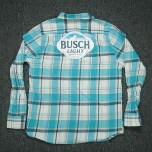 Angry Minnow Shirt Mens Large Blue White Plaid Busch Light Beer Flannel